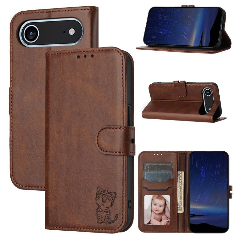 Embossed Happy Cat Pattern Flip Leather Phone Case, For iPhone 17 Pro Max, For iPhone 17 Pro, For iPhone 17, For iPhone 17 Air