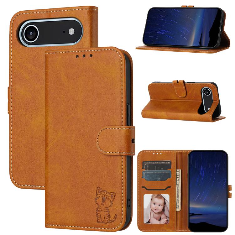 Embossed Happy Cat Pattern Flip Leather Phone Case, For iPhone 17 Pro Max, For iPhone 17 Pro, For iPhone 17, For iPhone 17 Air