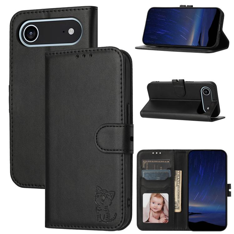 Embossed Happy Cat Pattern Flip Leather Phone Case, For iPhone 17 Pro Max, For iPhone 17 Pro, For iPhone 17, For iPhone 17 Air