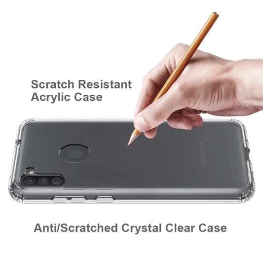 Close-up of premium acrylic back and flexible TPU bumper on Galaxy A31 case