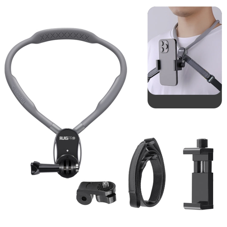 RUIGPRO Lazy Neck Bracket POV View Mount, Standard with Strap, With J-Hook Buckle, With Phone Clamp & Adapter
