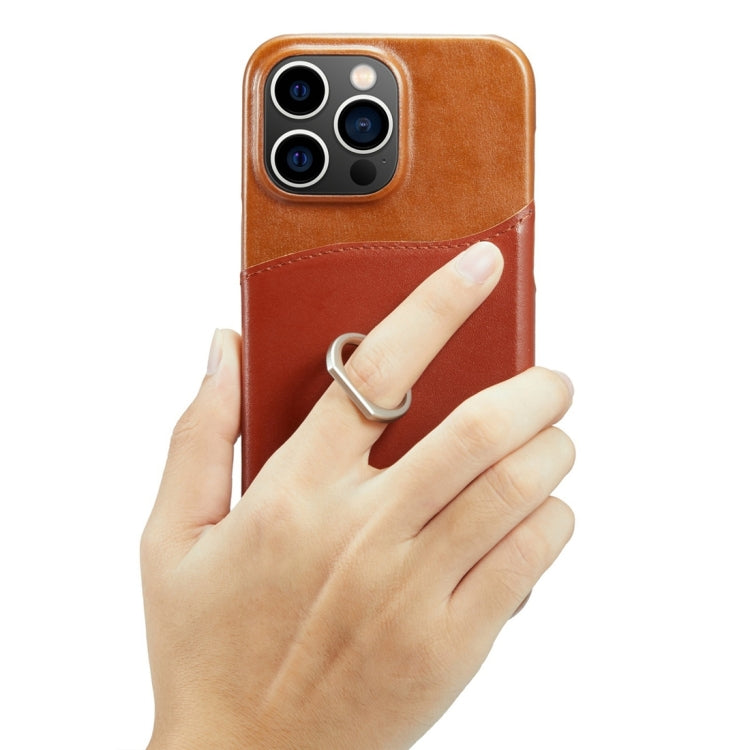 Fierre Shann Oil Wax Texture Genuine Leather Back Cover Phone Case, For iPhone 15 Pro Max, For iPhone 15 Pro, For iPhone 15 Plus, For iPhone 15