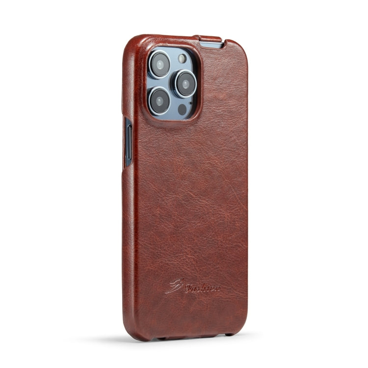 Fierre Shann Oil Wax Texture Vertical Flip PU Phone Case, For iPhone 15 Pro Max, For iPhone 15 Pro, For iPhone 15 Plus, For iPhone 15