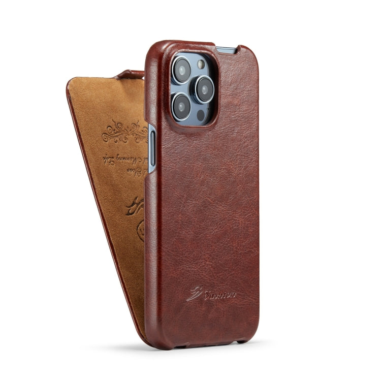 Fierre Shann Oil Wax Texture Vertical Flip PU Phone Case, For iPhone 15 Pro Max, For iPhone 15 Pro, For iPhone 15 Plus, For iPhone 15