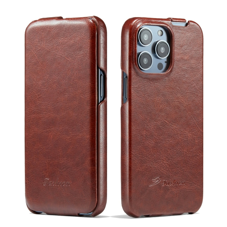 Fierre Shann Oil Wax Texture Vertical Flip PU Phone Case, For iPhone 15 Pro Max, For iPhone 15 Pro, For iPhone 15 Plus, For iPhone 15