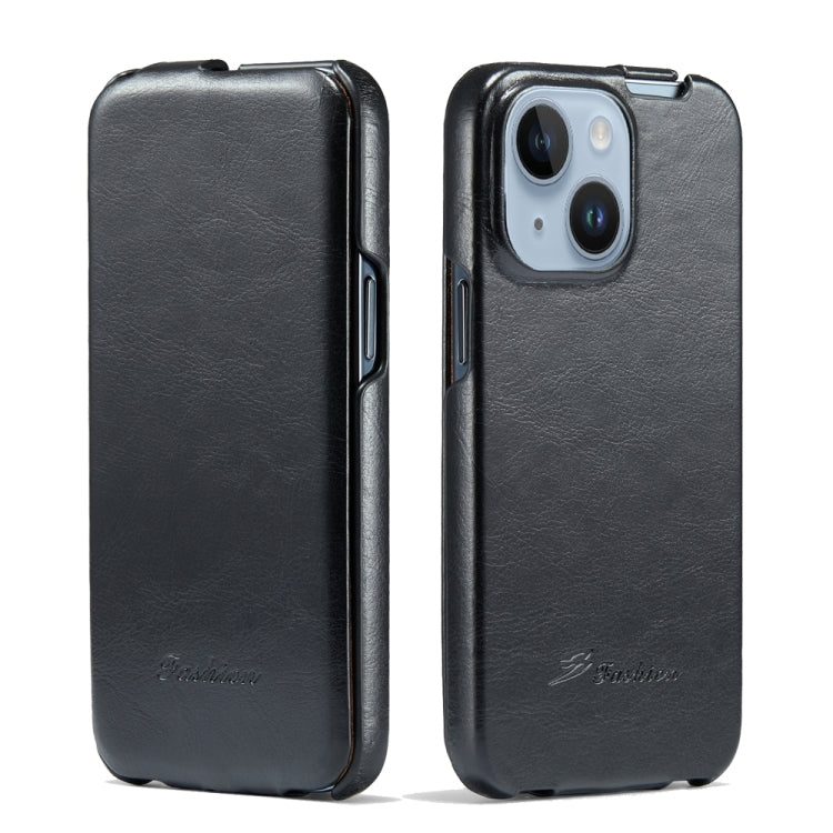 Fierre Shann Oil Wax Texture Vertical Flip PU Phone Case, For iPhone 15 Pro Max, For iPhone 15 Pro, For iPhone 15 Plus, For iPhone 15