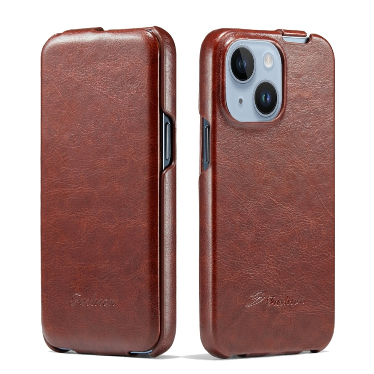 Fierre Shann Oil Wax Texture Vertical Flip PU Phone Case, For iPhone 15 Pro Max, For iPhone 15 Pro, For iPhone 15 Plus, For iPhone 15