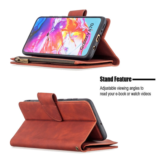 Premium leather Samsung A70 case showcasing magnetic closure and lanyard attachment