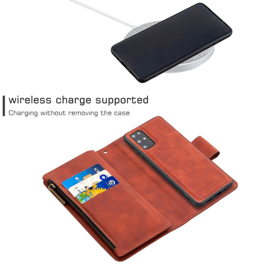 Detachable magnetic Samsung S20+ case, brown leather with lanyard attachment and holder