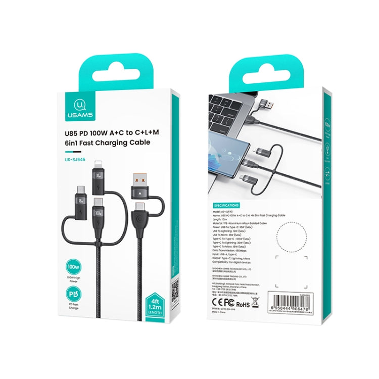 USAMS US-SJ645 U85 1.2m PD100W 6 in 1 Alloy Multifunctional Fast Charging Cable, 1.2m