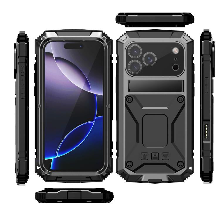 R-JUST Metal + Silicone + Tempered Glass Life Waterproof Phone Case with Holder, For iPhone 17 Pro Max, For iPhone 17 Pro, For iPhone 17, For iPhone Air, For iPhone 15 Pro Max, For iPhone 15 Pro