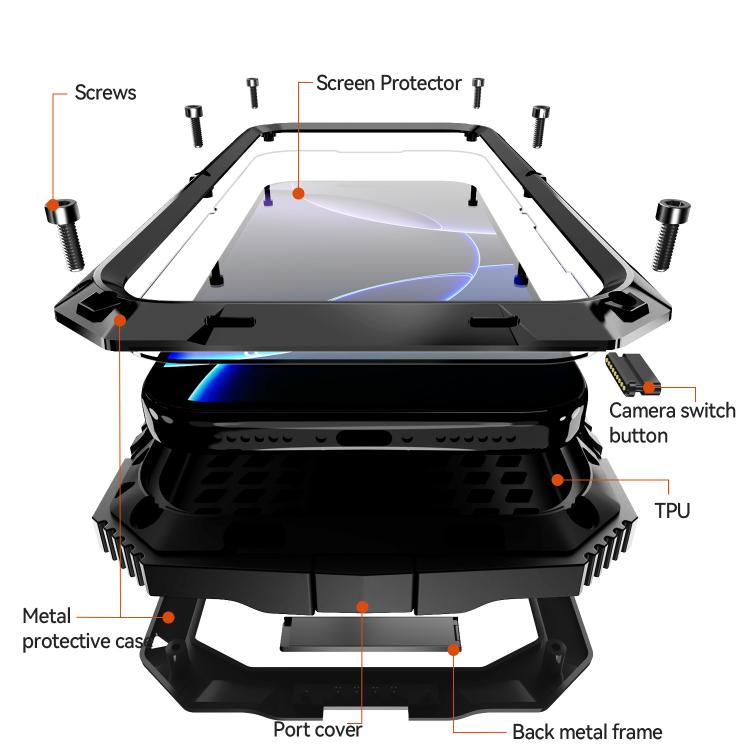 R-JUST Metal + Silicone + Tempered Glass Life Waterproof Phone Case with Holder, For iPhone 17 Pro Max, For iPhone 17 Pro, For iPhone 17, For iPhone Air, For iPhone 15 Pro Max, For iPhone 15 Pro