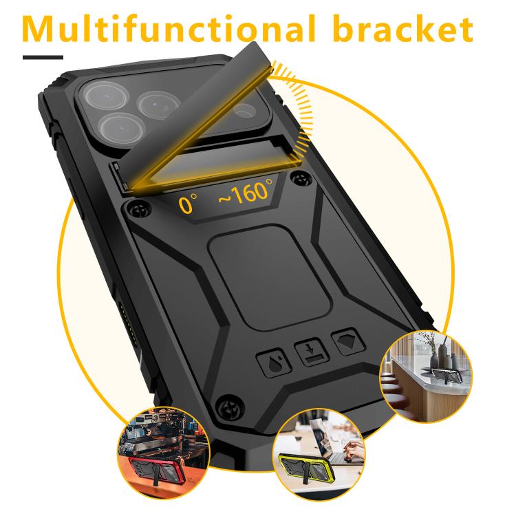 R-JUST Metal + Silicone + Tempered Glass Life Waterproof Phone Case with Holder, For iPhone 17 Pro Max, For iPhone 17 Pro, For iPhone 17, For iPhone Air, For iPhone 15 Pro Max, For iPhone 15 Pro