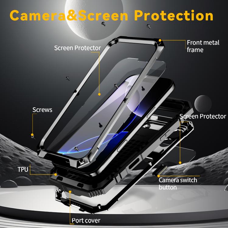 R-JUST Metal + Silicone + Tempered Glass Life Waterproof Phone Case with Holder, For iPhone 17 Pro Max, For iPhone 17 Pro, For iPhone 17, For iPhone Air, For iPhone 15 Pro Max, For iPhone 15 Pro