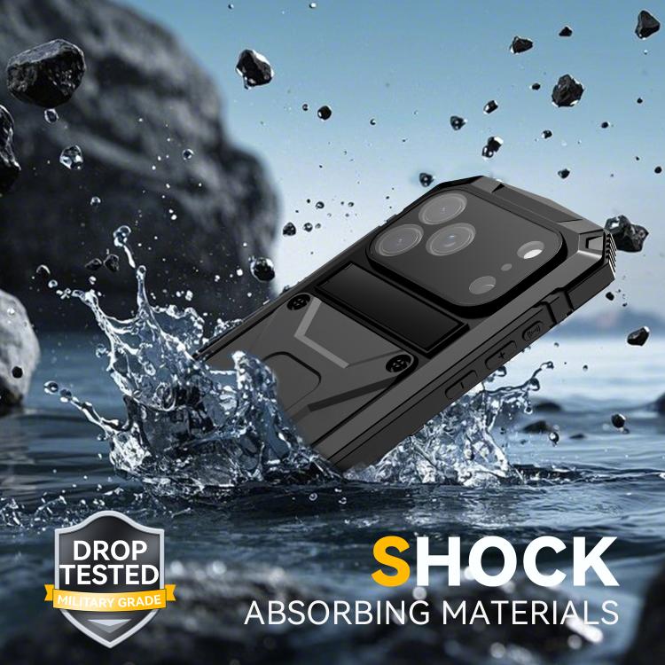 R-JUST Metal + Silicone + Tempered Glass Life Waterproof Phone Case with Holder, For iPhone 17 Pro Max, For iPhone 17 Pro, For iPhone 17, For iPhone Air, For iPhone 15 Pro Max, For iPhone 15 Pro