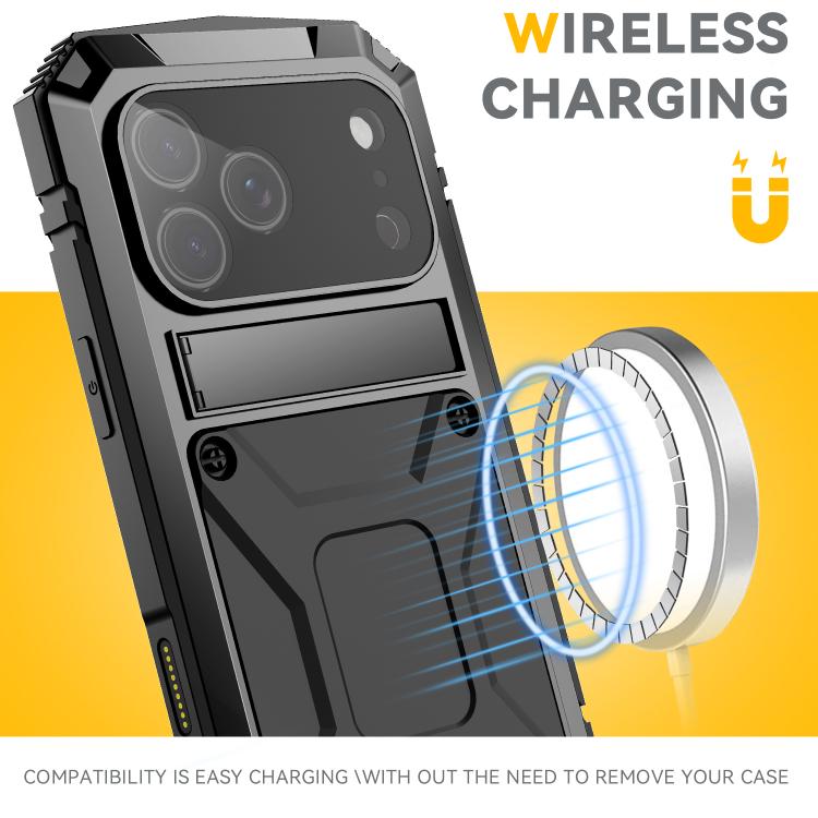 R-JUST Metal + Silicone + Tempered Glass Life Waterproof Phone Case with Holder, For iPhone 17 Pro Max, For iPhone 17 Pro, For iPhone 17, For iPhone Air, For iPhone 15 Pro Max, For iPhone 15 Pro