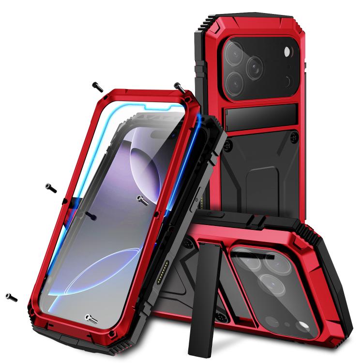 R-JUST Metal + Silicone + Tempered Glass Life Waterproof Phone Case with Holder, For iPhone 17 Pro Max, For iPhone 17 Pro, For iPhone 17, For iPhone Air, For iPhone 15 Pro Max, For iPhone 15 Pro