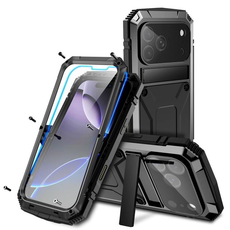 R-JUST Metal + Silicone + Tempered Glass Life Waterproof Phone Case with Holder, For iPhone 17 Pro Max, For iPhone 17 Pro, For iPhone 17, For iPhone Air, For iPhone 15 Pro Max, For iPhone 15 Pro