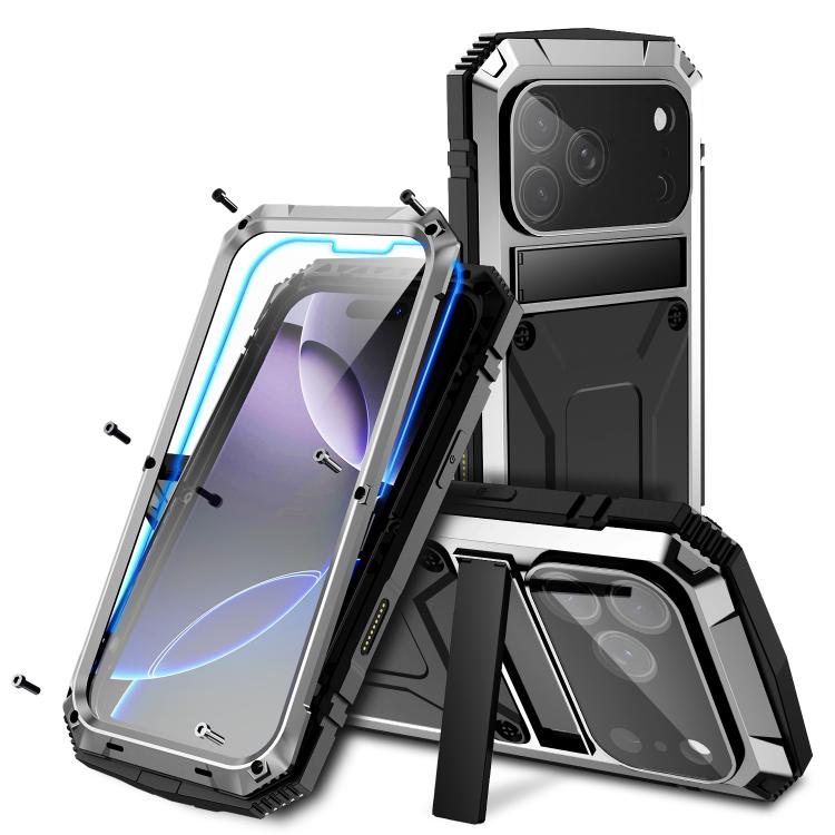 R-JUST Metal + Silicone + Tempered Glass Life Waterproof Phone Case with Holder, For iPhone 17 Pro Max, For iPhone 17 Pro, For iPhone 17, For iPhone Air, For iPhone 15 Pro Max, For iPhone 15 Pro