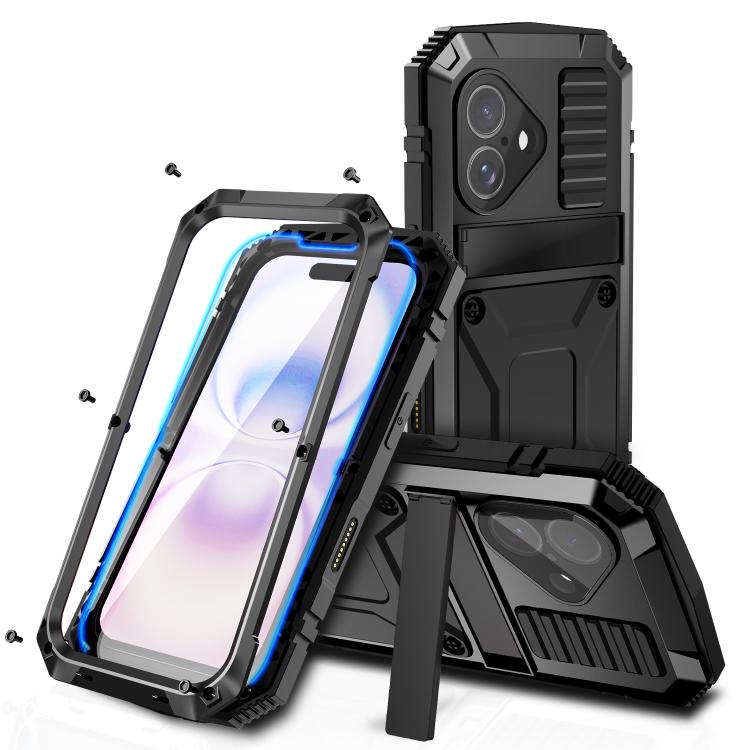 R-JUST Metal + Silicone + Tempered Glass Life Waterproof Phone Case with Holder, For iPhone 17 Pro Max, For iPhone 17 Pro, For iPhone 17, For iPhone Air, For iPhone 15 Pro Max, For iPhone 15 Pro