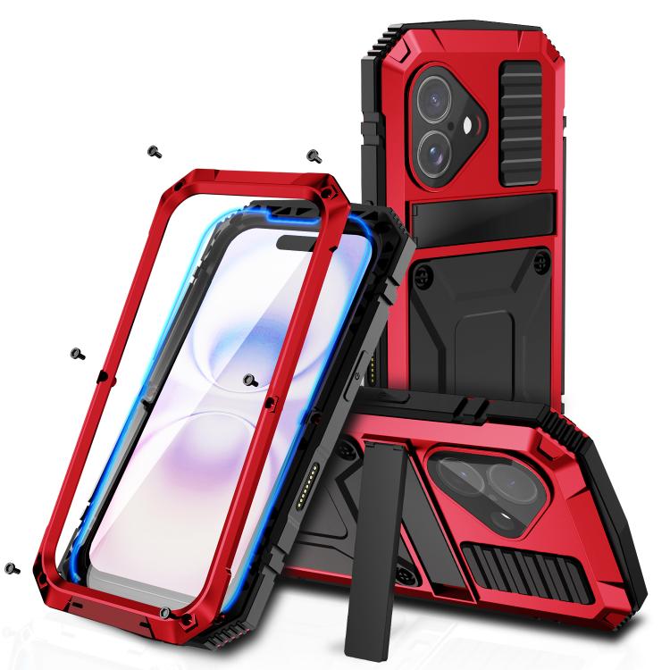 R-JUST Metal + Silicone + Tempered Glass Life Waterproof Phone Case with Holder, For iPhone 17 Pro Max, For iPhone 17 Pro, For iPhone 17, For iPhone Air, For iPhone 15 Pro Max, For iPhone 15 Pro
