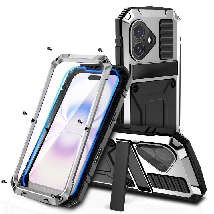 R-JUST Metal + Silicone + Tempered Glass Life Waterproof Phone Case with Holder, For iPhone 17 Pro Max, For iPhone 17 Pro, For iPhone 17, For iPhone Air, For iPhone 15 Pro Max, For iPhone 15 Pro