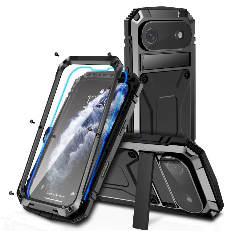 R-JUST Metal + Silicone + Tempered Glass Life Waterproof Phone Case with Holder, For iPhone 17 Pro Max, For iPhone 17 Pro, For iPhone 17, For iPhone Air, For iPhone 15 Pro Max, For iPhone 15 Pro