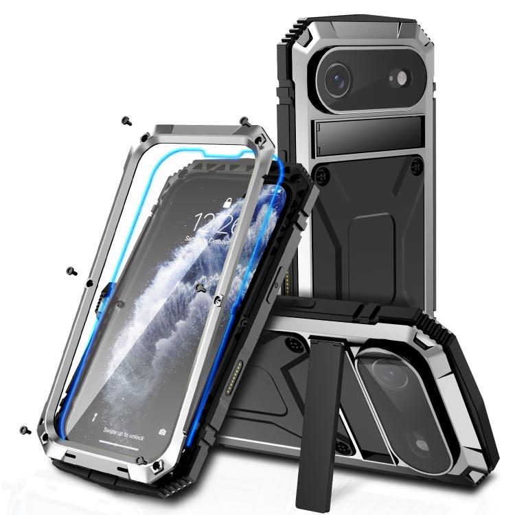 R-JUST Metal + Silicone + Tempered Glass Life Waterproof Phone Case with Holder, For iPhone 17 Pro Max, For iPhone 17 Pro, For iPhone 17, For iPhone Air, For iPhone 15 Pro Max, For iPhone 15 Pro