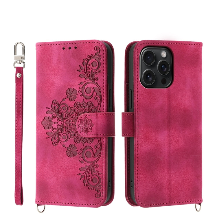 Skin-feel Flowers Embossed Wallet Leather Phone Case, For iPhone 16, For iPhone 15 Pro Max, For iPhone 15 Pro, For iPhone 15 Plus