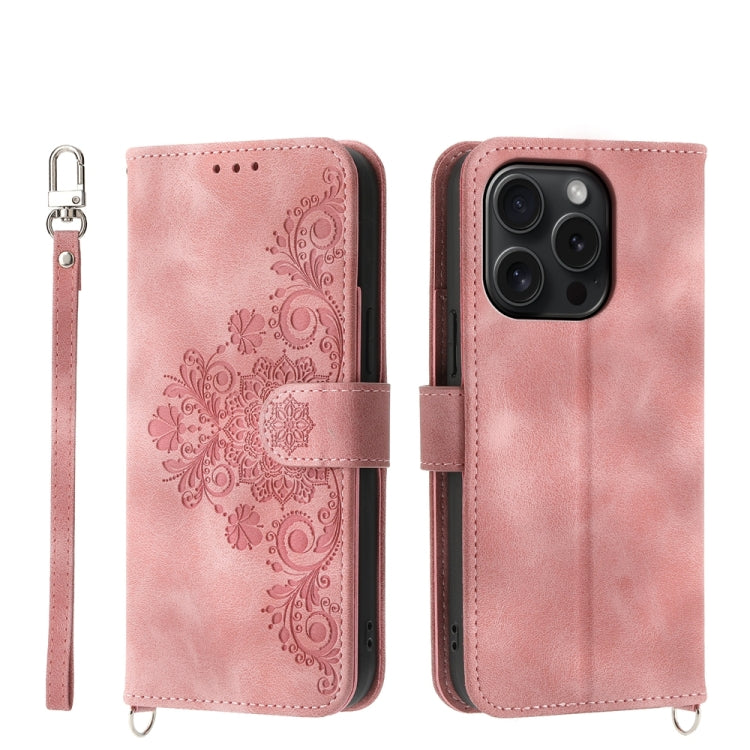 Skin-feel Flowers Embossed Wallet Leather Phone Case, For iPhone 16, For iPhone 15 Pro Max, For iPhone 15 Pro, For iPhone 15 Plus