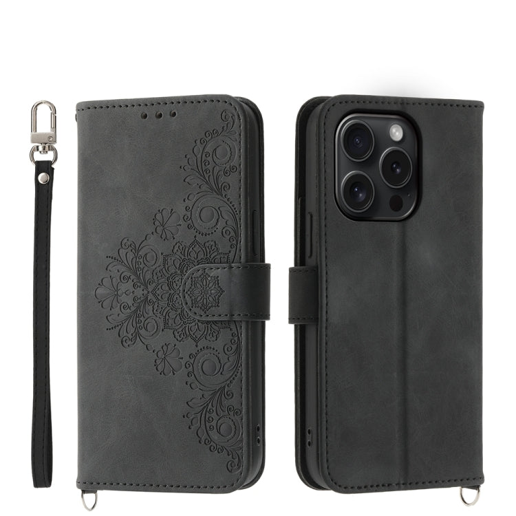 Skin-feel Flowers Embossed Wallet Leather Phone Case, For iPhone 16, For iPhone 15 Pro Max, For iPhone 15 Pro, For iPhone 15 Plus