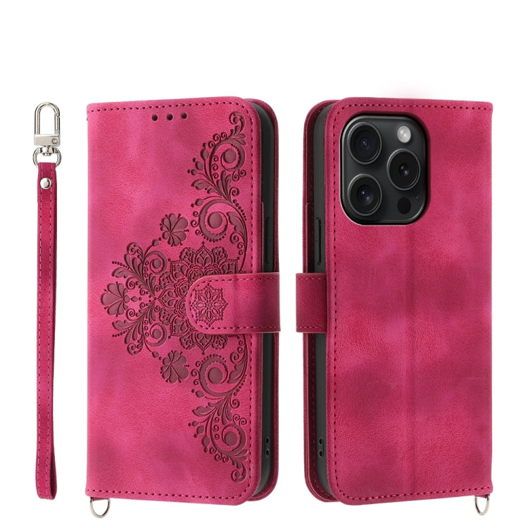 Skin-feel Flowers Embossed Wallet Leather Phone Case, For iPhone 16, For iPhone 15 Pro Max, For iPhone 15 Pro, For iPhone 15 Plus