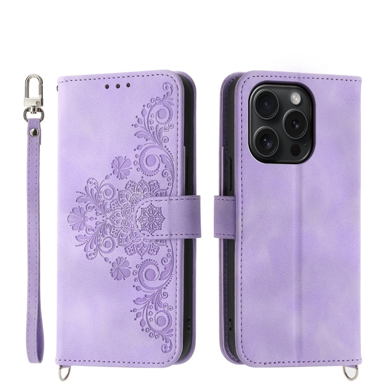 Skin-feel Flowers Embossed Wallet Leather Phone Case, For iPhone 16, For iPhone 15 Pro Max, For iPhone 15 Pro, For iPhone 15 Plus