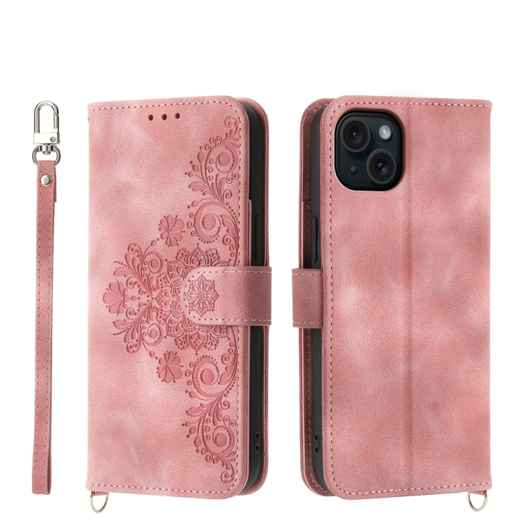 Skin-feel Flowers Embossed Wallet Leather Phone Case, For iPhone 16, For iPhone 15 Pro Max, For iPhone 15 Pro, For iPhone 15 Plus