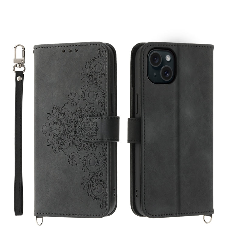 Skin-feel Flowers Embossed Wallet Leather Phone Case, For iPhone 16, For iPhone 15 Pro Max, For iPhone 15 Pro, For iPhone 15 Plus