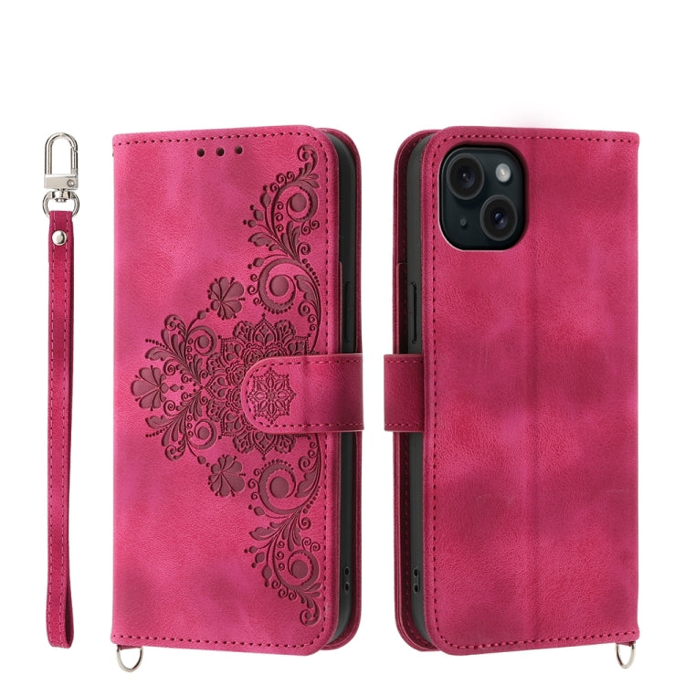 Skin-feel Flowers Embossed Wallet Leather Phone Case, For iPhone 16, For iPhone 15 Pro Max, For iPhone 15 Pro, For iPhone 15 Plus