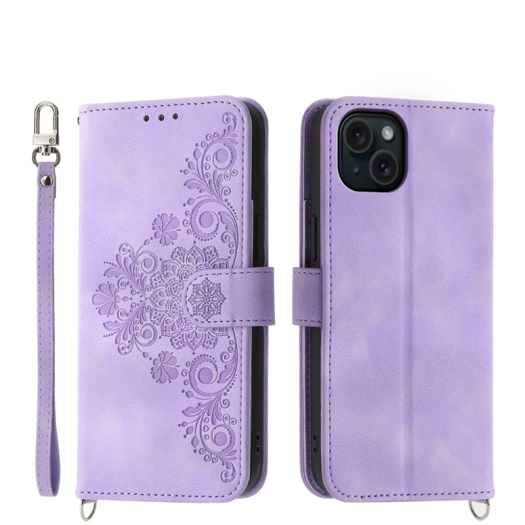 Skin-feel Flowers Embossed Wallet Leather Phone Case, For iPhone 16, For iPhone 15 Pro Max, For iPhone 15 Pro, For iPhone 15 Plus