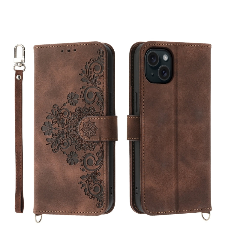 Skin-feel Flowers Embossed Wallet Leather Phone Case, For iPhone 16, For iPhone 15 Pro Max, For iPhone 15 Pro, For iPhone 15 Plus