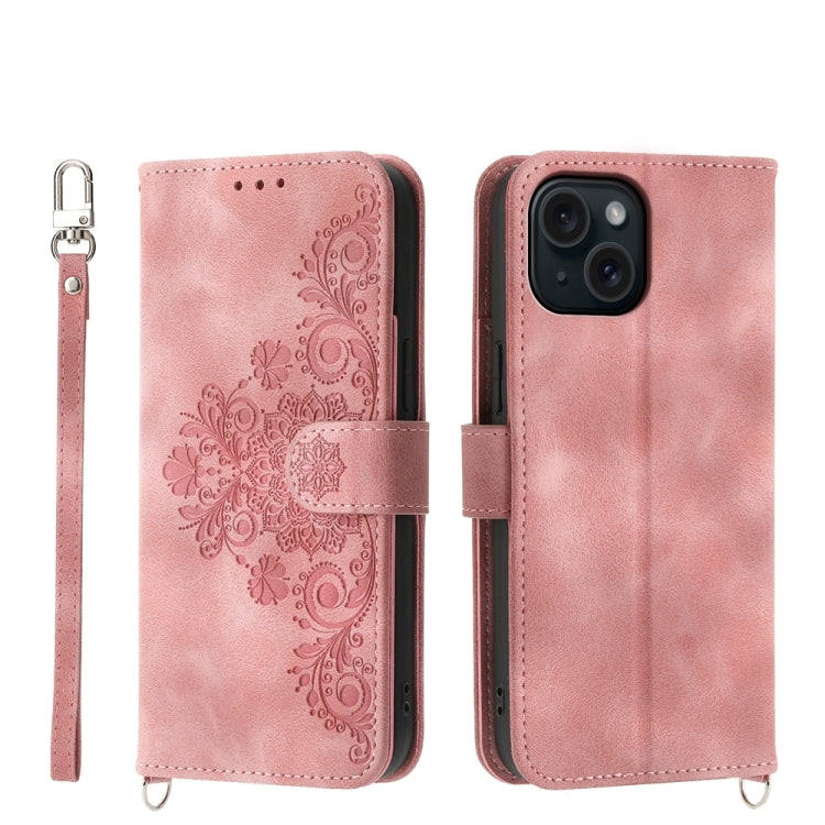 Skin-feel Flowers Embossed Wallet Leather Phone Case, For iPhone 15