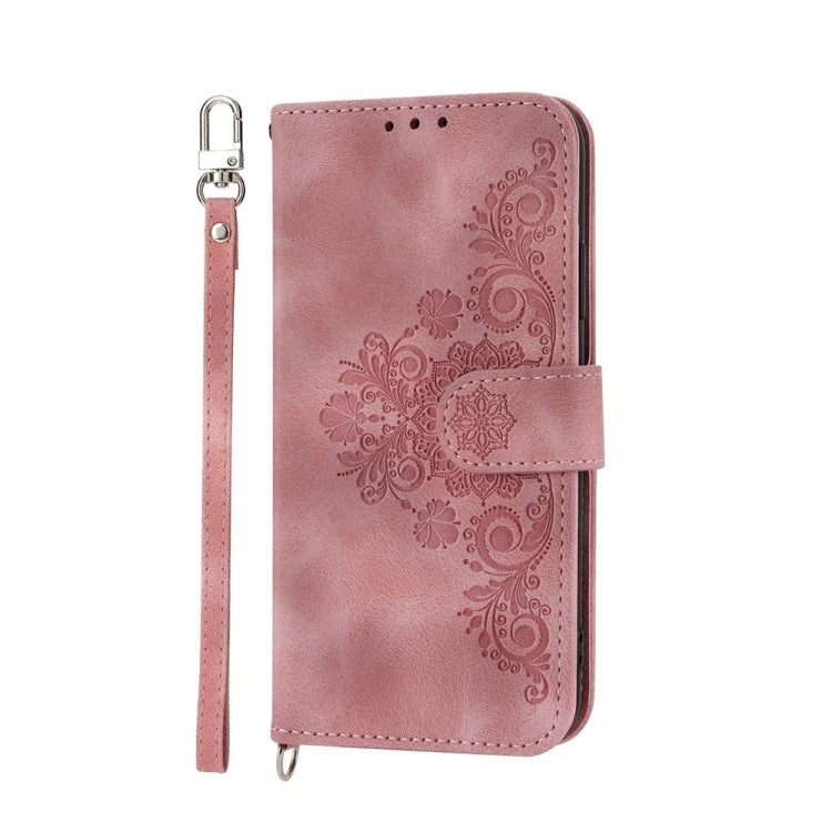 Skin-feel Flowers Embossed Wallet Leather Phone Case, For iPhone 15