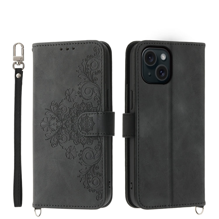 Skin-feel Flowers Embossed Wallet Leather Phone Case, For iPhone 15
