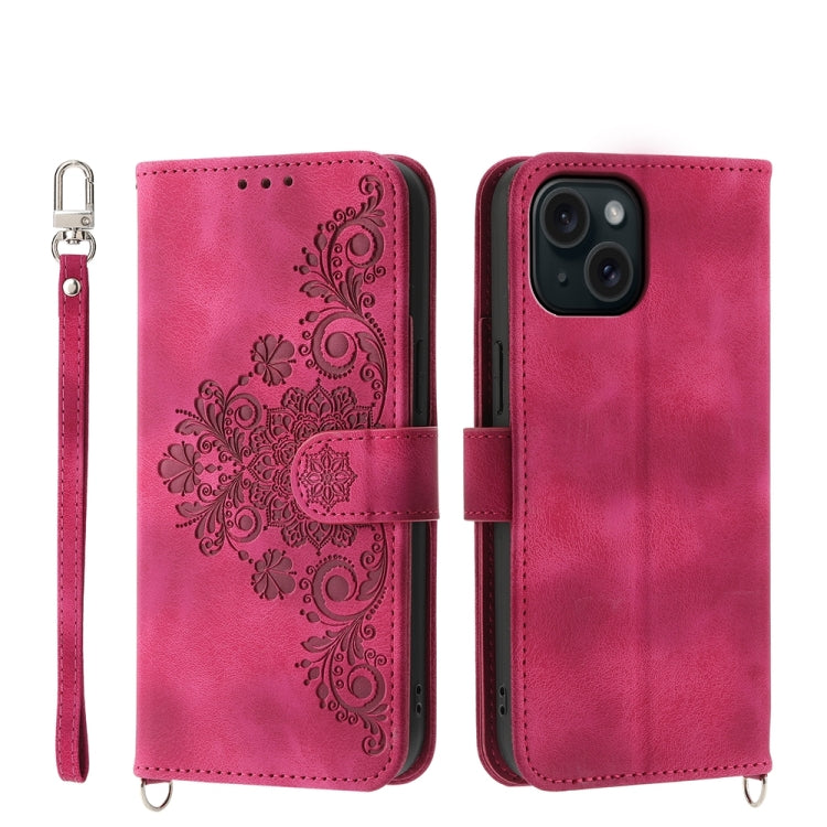 Skin-feel Flowers Embossed Wallet Leather Phone Case, For iPhone 15