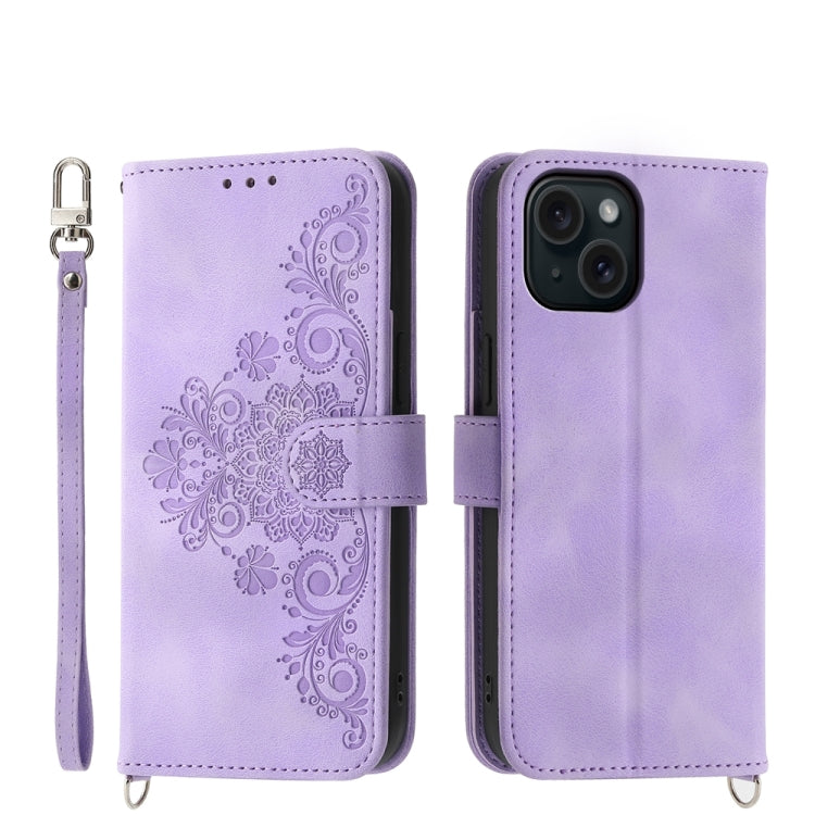 Skin-feel Flowers Embossed Wallet Leather Phone Case, For iPhone 15