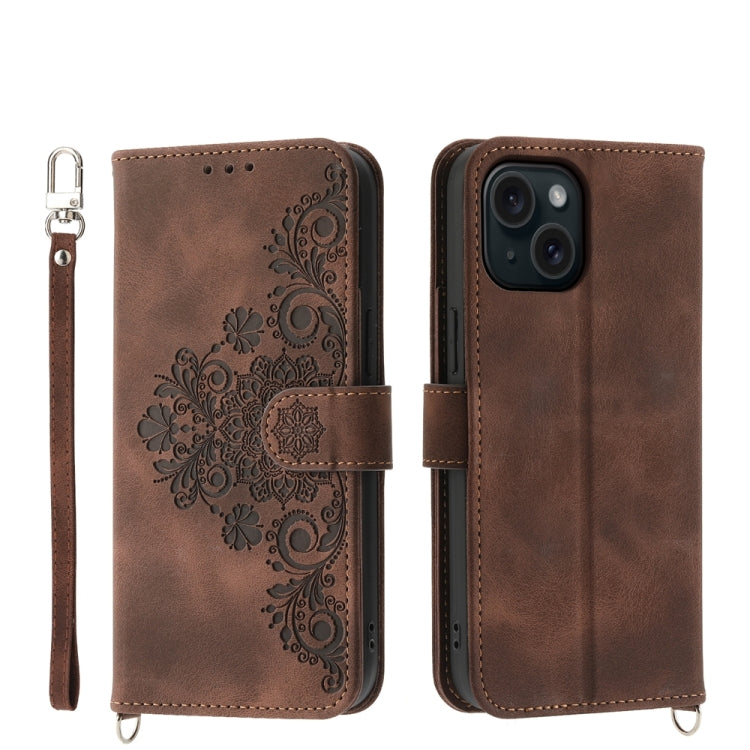 Skin-feel Flowers Embossed Wallet Leather Phone Case, For iPhone 15