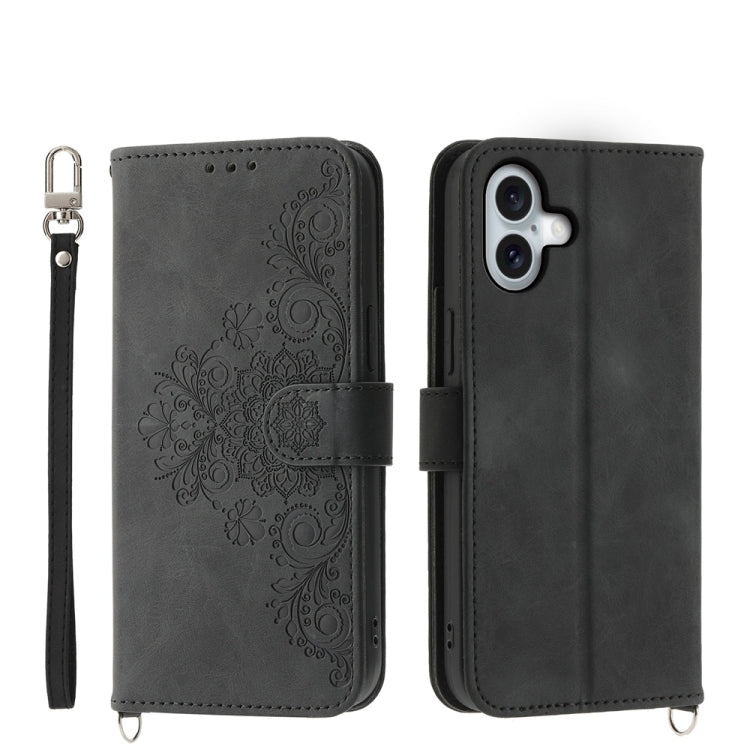 Skin-feel Flowers Embossed Wallet Leather Phone Case, For iPhone 16e, For iPhone 16 Pro Max, For iPhone 16 Pro, For iPhone 16 Plus