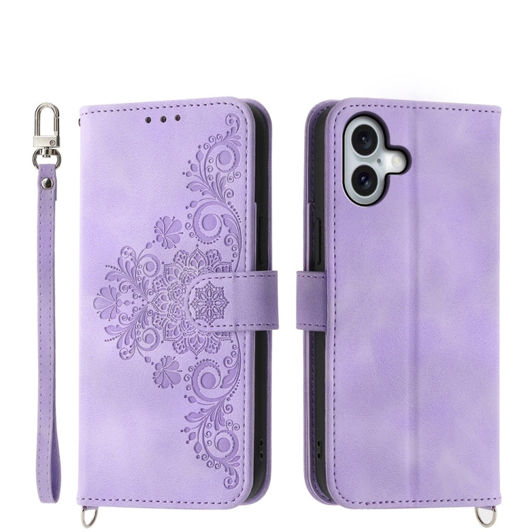 Skin-feel Flowers Embossed Wallet Leather Phone Case, For iPhone 16e, For iPhone 16 Pro Max, For iPhone 16 Pro, For iPhone 16 Plus