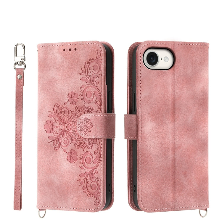 Skin-feel Flowers Embossed Wallet Leather Phone Case, For iPhone 16e, For iPhone 16 Pro Max, For iPhone 16 Pro, For iPhone 16 Plus
