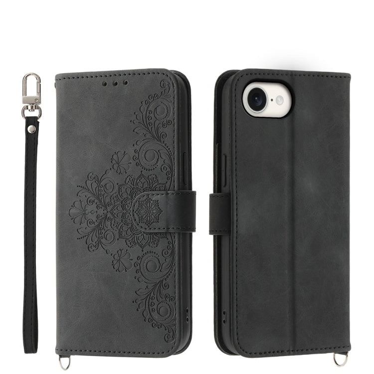 Skin-feel Flowers Embossed Wallet Leather Phone Case, For iPhone 16e, For iPhone 16 Pro Max, For iPhone 16 Pro, For iPhone 16 Plus
