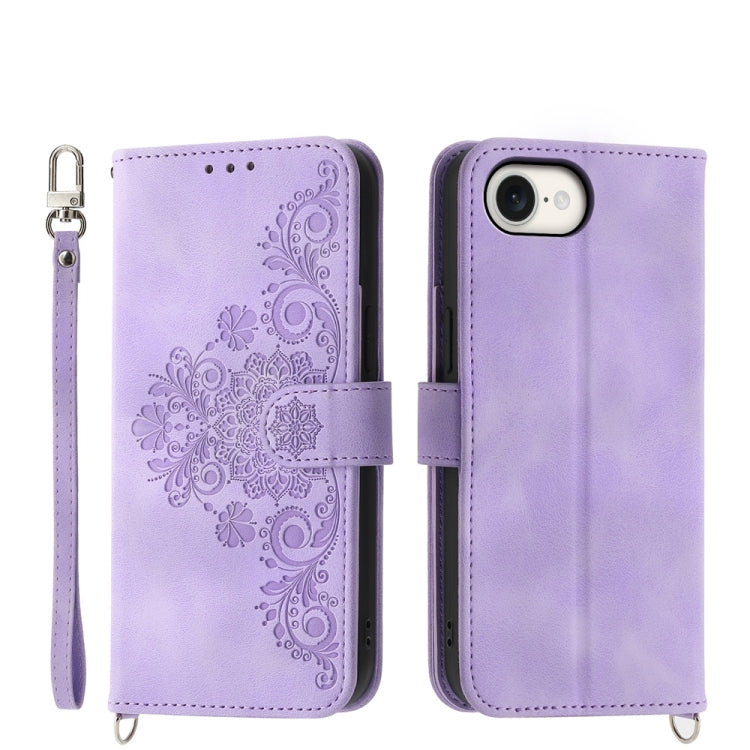 Skin-feel Flowers Embossed Wallet Leather Phone Case, For iPhone 16e, For iPhone 16 Pro Max, For iPhone 16 Pro, For iPhone 16 Plus