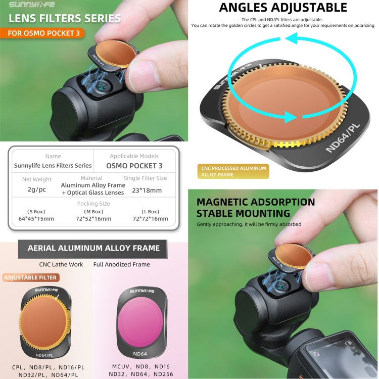 For DJI OSMO Pocket 3 Sunnylife Camera Lens Magnetic Metal Filter, MCUV, ND8, ND16, ND32, ND64, ND256, ND8PL, ND16PL, ND32PL, ND64PL, CPL, 3 in 1 CPL ND8/16, 3 in 1 ND16/64/256, 4 in 1 ND8/16/32/64, 4 in 1 ND8/16/32/64PL, 4 in 1 MCUV CPL ND32/64�������...
